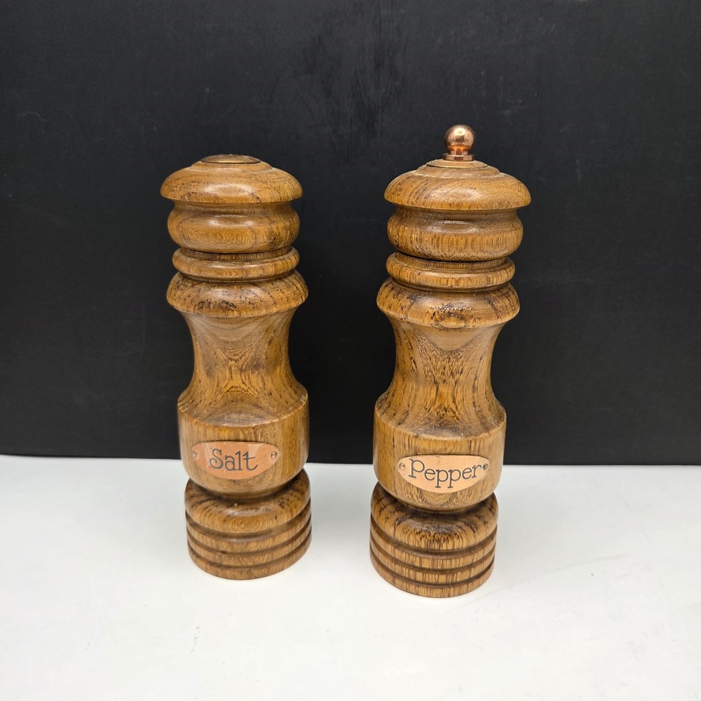 Catalina Salt Shaker Pepper Mill Set 7.5" Wood Copper Label Forged Steel Gear